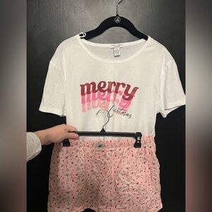 White 'Merry Christmas' T-Shirt and Pink Floral Pajama Set
